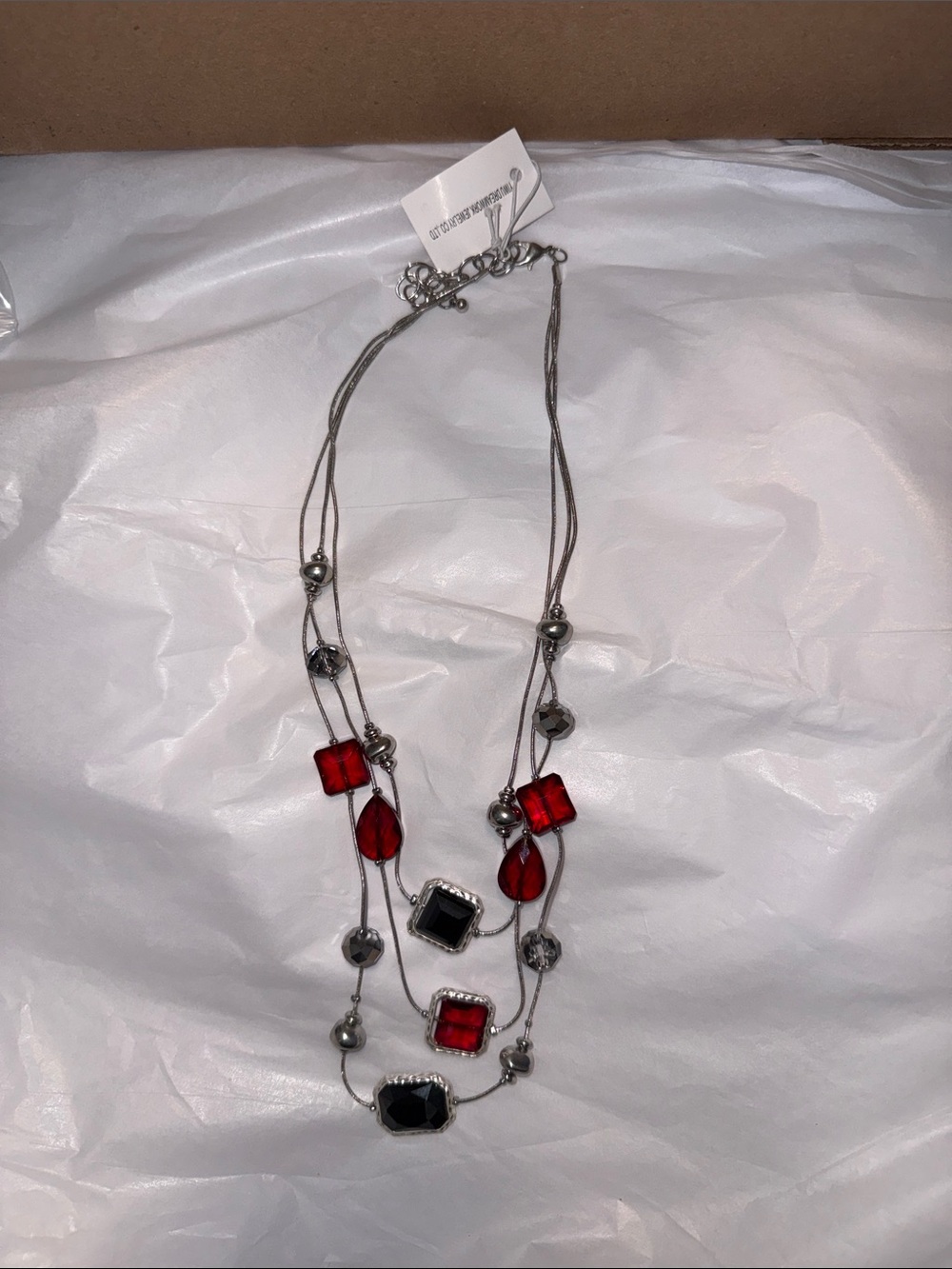 Multi-Strand Red and Black Pendant Necklace